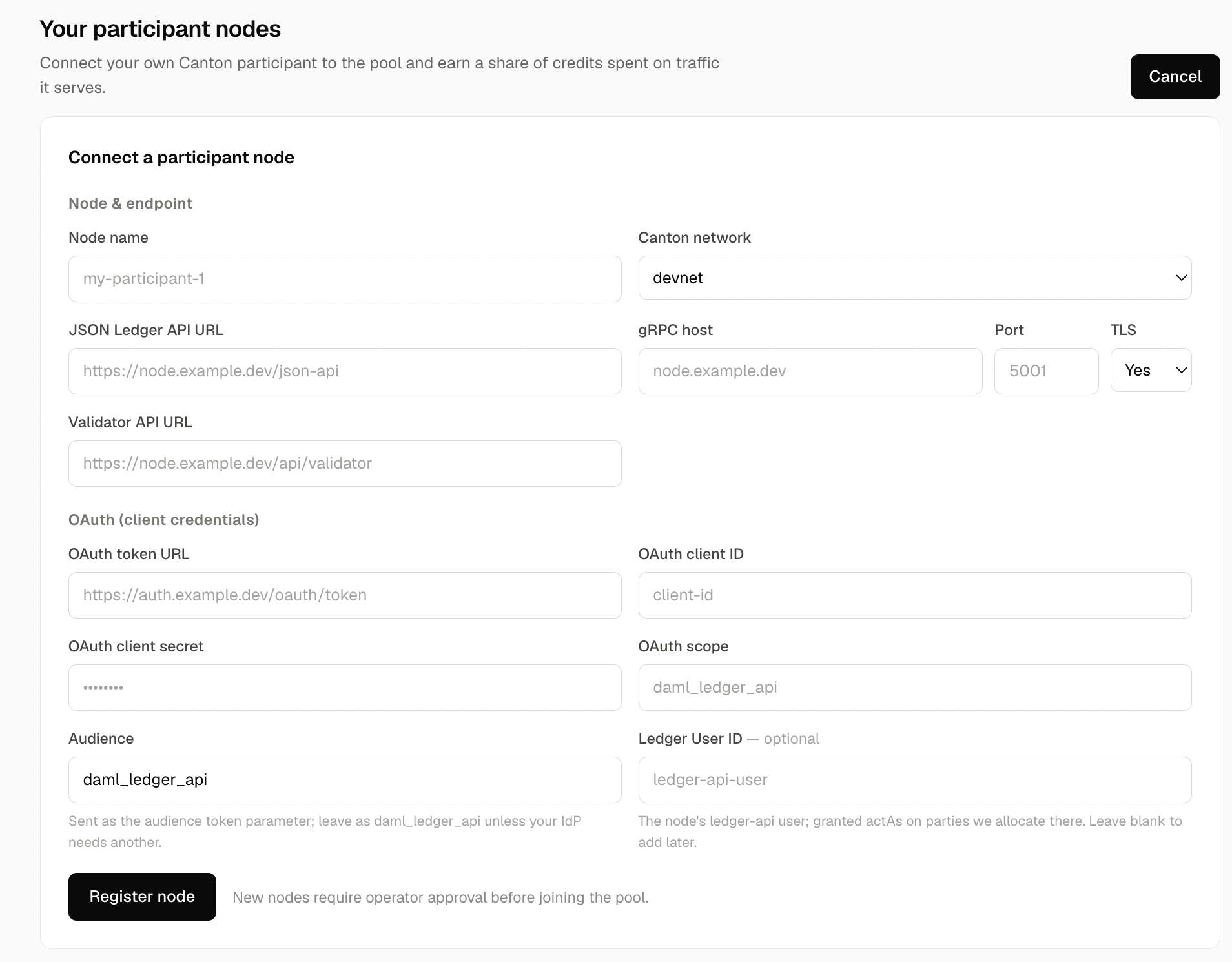 The 'Connect a participant node' form in the Transparent app